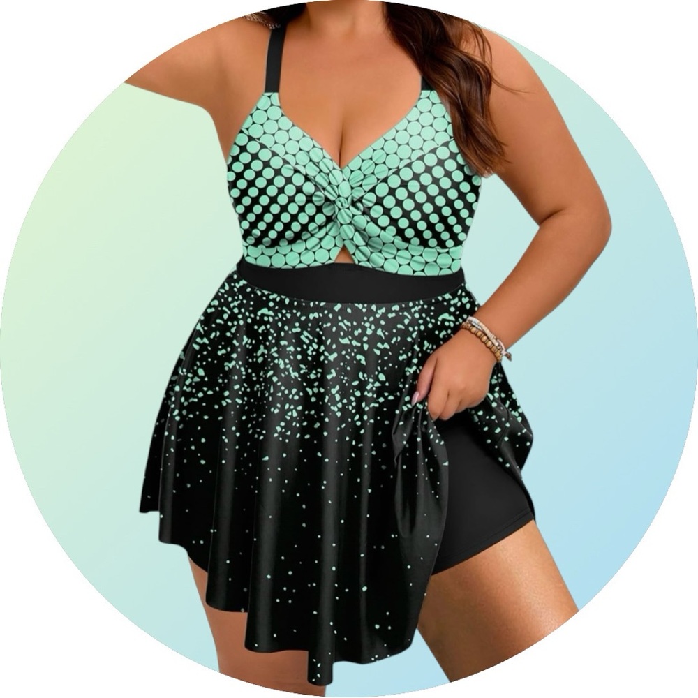 Mint and black polkadot two piece swimsuit